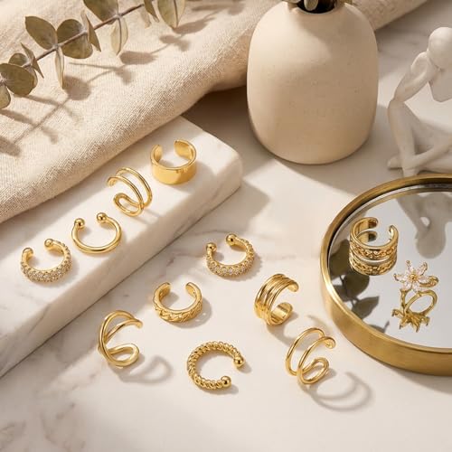 Ear Cuffs Non Piercing 14K Gold Plated Ear Cuff Earrings for Women Trendy Clip on Cartilage Earring Stacks Non Pierced Adjustable Fake Earrings Set Jewelry - color: A4:Gold Ear Cuffs-12Pcs