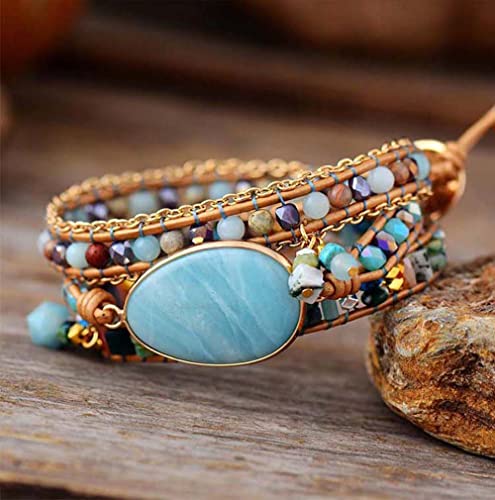 Women Wrap Bracelet Boho Natural Jasper Crystal Stone Beads Strand Bracelets - color: Amazonite