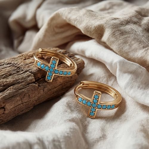MEVECCO Cross Hoop Earrings 14K Gold Plated Dainty Minimalist Simple Small Faith Cross Huggie Earrings For Women Symbol of Protection Faith Jewelry Gift - style: Tur-Cross