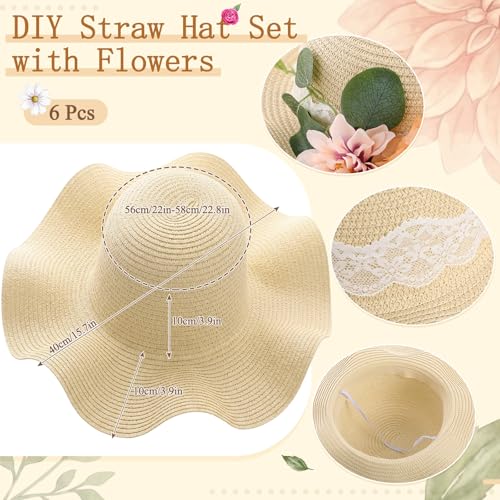 6 Sets DIY Tea Party Straw Hats Kit DIY Straw Hat for Women Blank Sun Hats - style: Vintage Peony