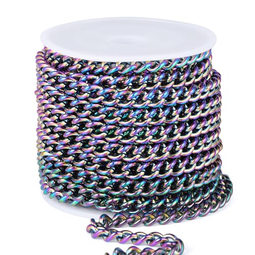 16.5FT Colorful Stainless Steel Curb Chains Roll, 7mm 304 Stainless Steel Multi Color Flat Twisted Links Curb Chains Bulk Spool for Jewelry Making DIY Craft - color: Colorful, size: 7.0mm width