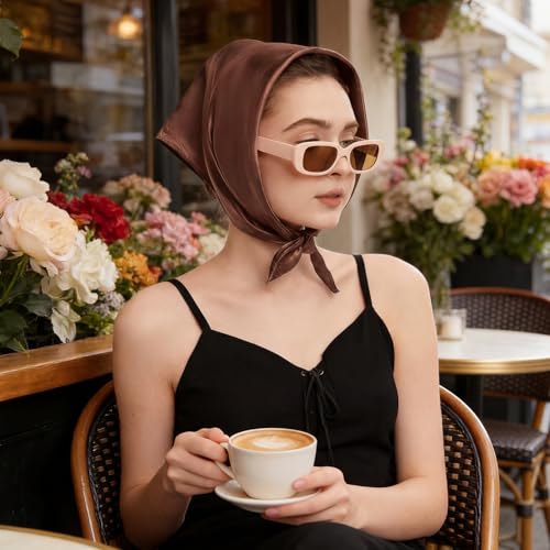 American Trends Women Silk Feeling Scarf Satin Head Scarves Square Wrap Neck Scarf Lightweight Silk Like Bandana - color: 14 Light Coffee