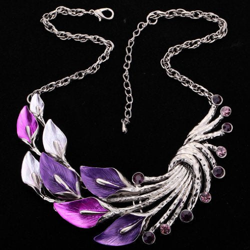 YAZILIND Ethnic Style Tibetan Silver Peacock Crystal Chunky Bib Earrings Necklace Set Wedding Party - color: Purple