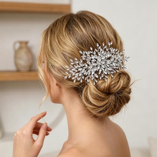 Rhinestone Leaf Wedding Hair Comb, Sparkly Bridal Hair Piece Accessories for Bride Bridesmaid Party Prom (Silver) - color: Silver