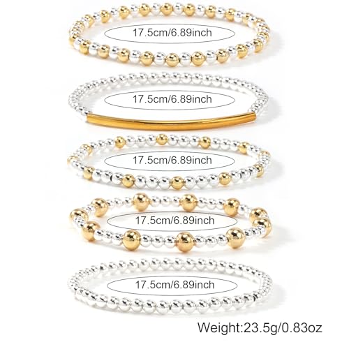 Gold Bracelets for Women Stackable 14K Gold Silver Plated Beaded Bracelets Stack Elastic Stretch Non Tarnish Bead Ball Stack Stretch Adjustable Dainty Jewelry Trendy Prom Gifts for Women - color: Gold Tube