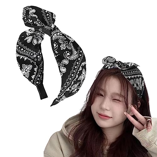 Boho Paisley Bandana Headbands with Knotted Bow and Rabbit Ear Design for Women and Girls - Black Bowknot Hairband Accessories - color: black