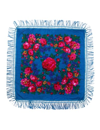 MJ SERECA Acrylic Bandana Printed Hair Scarf Square Ukrainian Head Scarf Floral Babushka Neck Scarf for Women 30"/42"/60" - color: Blue With Tassel