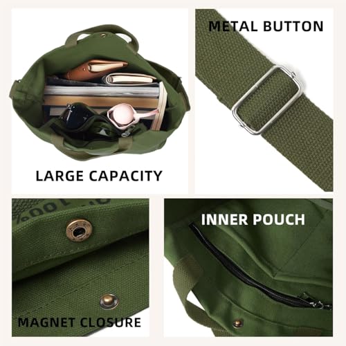 Canvas Tote Bag For Women inside out bag Crossbody Handbag with Adjustable Strap and Coin Purse for Work,Travel,Grocery - color: Army Green