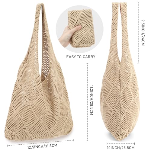 hatisan Crochet Bag for Women, Handmade Knit Beach Tote Bag Summer - color: Light Khaki