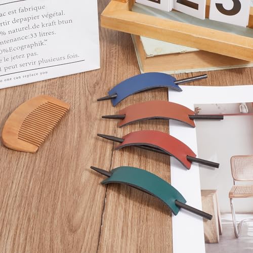 NICENEEDED 4PCS Leather Hair Clips, Faux Leather Hair Barrettes with Stick, Rectangle Shape Hair Slider Pin Stylish Bun Holder Hair Accessories for Women