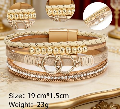 Multi-Layer Leather Wrap Bracelets for Women, Elegance Bracelet Jewelry for Women (Beige)