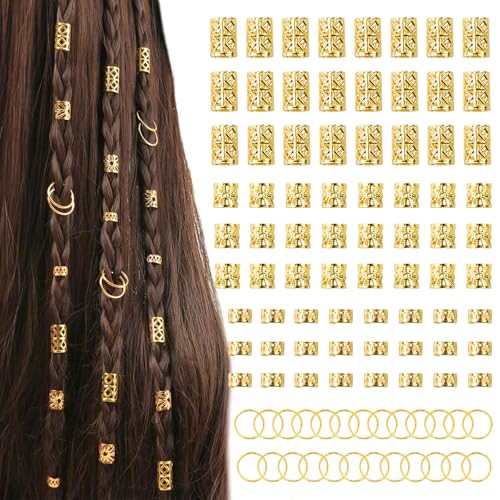 100 Pcs Gold Hair Jewelry for Braids,4 Styles Dreadlock Accessories, Adjustable Metal Hair Clips, Hair Cuff Rings Braiding Decorations for Women Men - color: Gold-100pcs