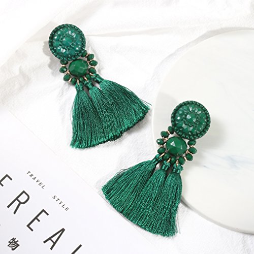 boderier Bohemian Statement Thread Tassel Chandelier Drop Dangle Earrings with Cassandra Button Stud - color: Deep Green