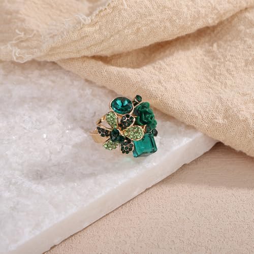 Jumwrit Shiny Crystal Flower Ring Statement Adjustable Open Band Wrap Finger Ring Square Rhinestone Floral Cocktail Ring Party Bridal Wedding Jewelry Vintage Boho Knuckle Ring for Women - color: Green