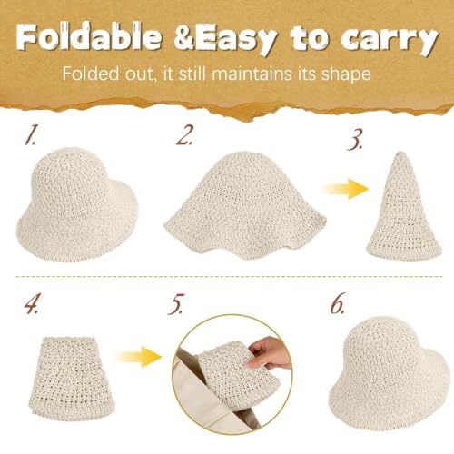 Sun Hat for Women Beach Hat Straw Bucket Hat Summer UV Protection, Packable Breathable Crochet Style - color: 1pack-milk White