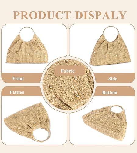 KingTo Straw Beach Bag for Women, Boho Raffia Handbag with Ring Handle | Hand-woven straw texture, gold studs, metal ring handle and magnetic closure lift beach, resort and summer looks