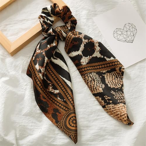 Boho Hair Scarf Scrunchies, 12” Floral Satin Bow Ties Long Bandana, French-Inspired Cheetah Ribbon Ponytail Holder Hair Accessories (Cheetah, 4 Pack) - color: Cheetah