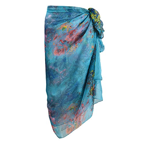 Womens Sexy Bohemian Floral Beach Cover Up Sarong Wrap Swimsuit Beachwear - color: Lake Blue