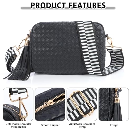 Woven Crossbody Bag Small Crossbody Bags for Women Leather Purse Trendy Boho Shoulder Bag for Women - color: Black