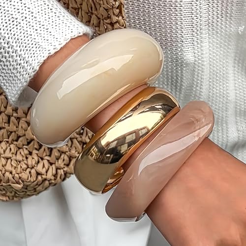 FAXHION Chunky Resin Acrylic Bangle Bracelets for Women, Colorful Wide Geometric Bangles Set, Statement Stackable Bracelet Jewelry Gift - color: Light Pink