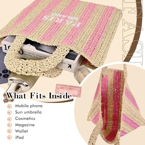 Straw Beach Bag for Women Summer Woven Tote Bag Packable Straw Purses and Handbags for Vacation Holiday - color: M-pink