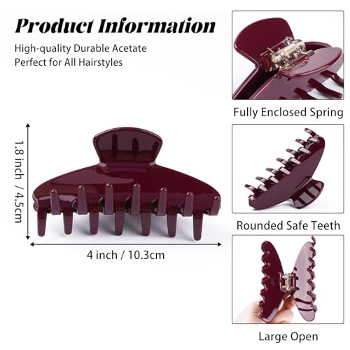 MAORULU Cute Claw Clip for Women – 4.3'' Large Acetate Hair Clips for Thick Thin Curly Long Hair, Durable Hair Clamps Non-slip Jaw Clip, Strong Hold, Stylish French Design (Wine Red) - color: Wine Red