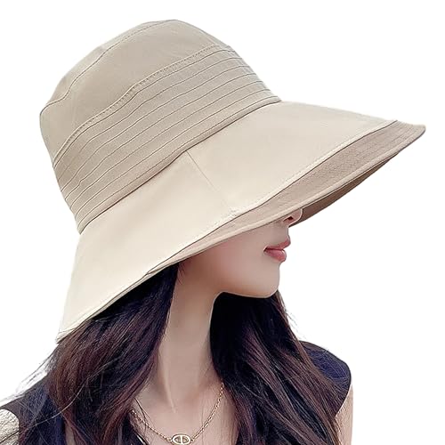Women Sun Hats Wide Brim Summer Beach Fishing Hats Foldable UV Protection Cap - color: Beige