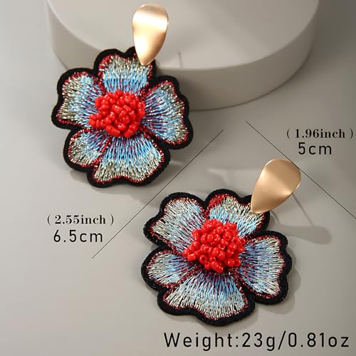 Boho Floral Embroidered Earrings with Colorful Bead Accents and Crystal Center for Women - color: Red