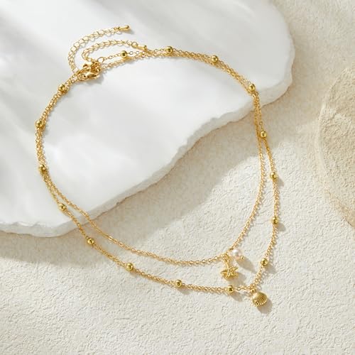 Seashell Starfish Necklace for Women Conch Shell Summer Pearl Beach 14k Gold Layered Dainty Choker - style: Big Starfish