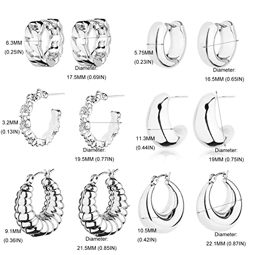 HILXURY Gold Chunky Hoop Earrings Set for Women, 14K Gold Plated Twisted Huggie Hoop Earring Hypoallergenic, Thick Open Hoops Set Lightweight - color: 6 silver chunky hoops