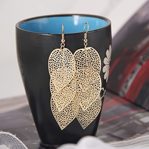 FUNEIA 6 Pairs Drop Dangle Earrings for Women Long Bar Double Twist Wave Curved Threader Cut Out Leaf Lightweight Earrings Set - color: B:Gold