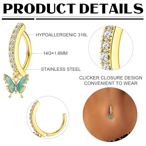 FIASASO 14K Gold Filled Belly Button Ring Hypoallergenic Surgical Stainless Steel Clicker Belly Rings Hoop CZ Butterfly Heart Teardrop Flower Reverse Belly Button Rings Belly Piercings Jewelry for Women 14G Navel Ring