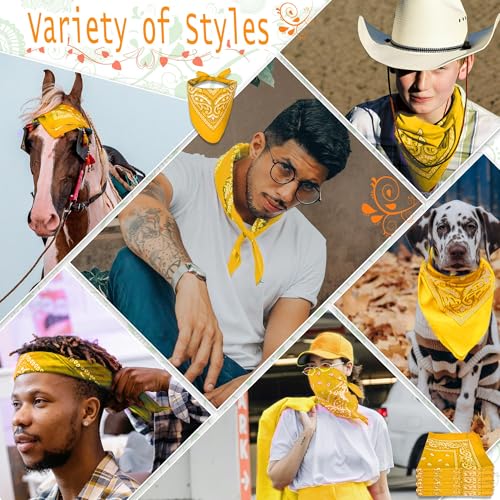 ILHSTY 60 Pcs Women Men Paisley Bandanas Bulk Unisex Bandanas Head Cowboy Scarf Necktie handkerchief Party Supplies - color: Golden Yellow