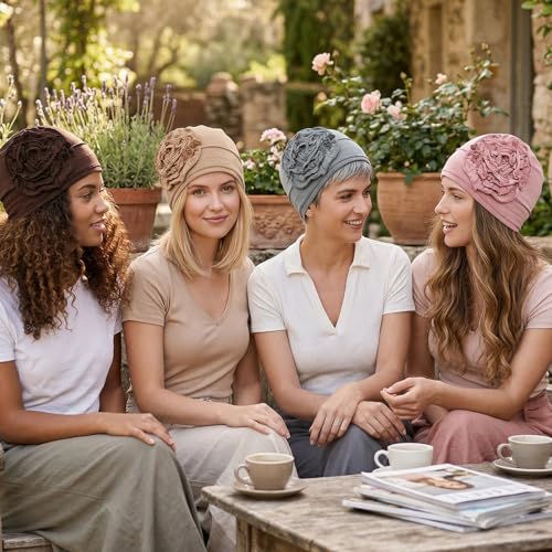 4 Pcs Chemo Turban Headwear for Women Stretchy Turban Head Wraps Cap Chemo Headwrap with Hair Loss - color: Light Gray, Khaki, Pink, Brown