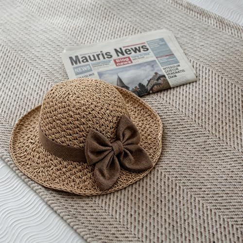 Womens Straw Hat Foldable Wide Brim Floppy Beach Sun Hats, Bucket Cap with Bowknot for Girls - color: Khaki