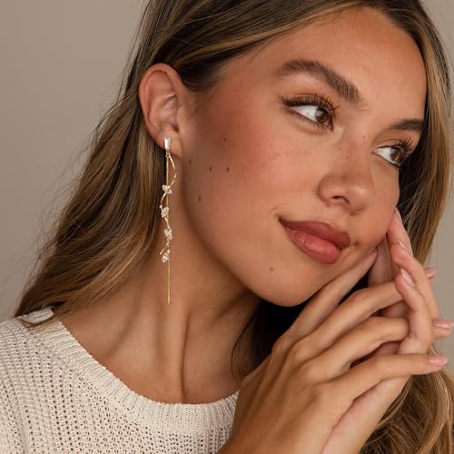 Robaice Gold Long Prom Earrings for Women, 14K Gold Plated Pearl Dangle Drop and Chain Tassel Threader Earrings Dangling，Rhinestone Zirconia Hypoallergenic Bride Party Prom Gold jewelry，Women Gifts - style: C-dangle twist drop，CZ