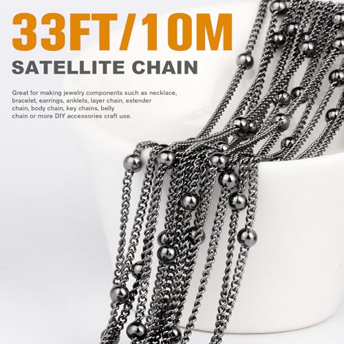 33 Feet Gunmetal Satellite Bead Chains, 2mm 304 Stainless Steel Black Ball Beaded Twisted Curb Chains Spool Bulk for Jewelry Making DIY Craft - color: Black Big Beads Satellite Curb Chain