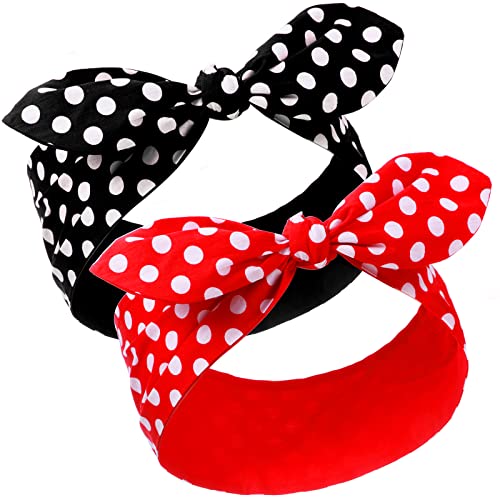 Hicarer 2 Pieces Polka Dot Headband Bandana Headband 50s Costume Hair Accessories Bows Wide Head Wrap for Women(Red, Black,Big Dots) - color: Red, Black, style: Big Dots