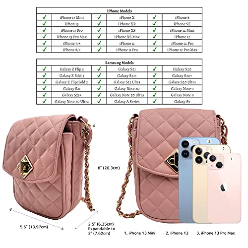 Phone Crossbody Bags for Women Small Vegan Leather Mini Shoulder Wallet Card Quilted Purse - color: B - Pink & Gold