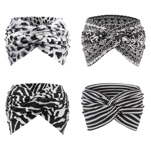 AQOKKA Extra Wide Headbands for Women Large Turban Headband Non Slip Boho Elastic Hairband Hair Twisted Knot Head Bands Accessories - color: 4 Pcs: Leopard Print + Stripes