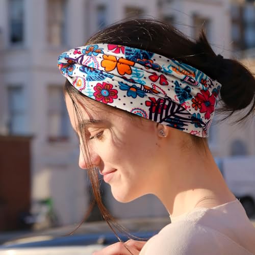 DRESHOW 6 Pack Boho Non-Slip Headbands for Women Girls Yoga Workout Running Knotted Turban Floral Printed Elastic Head Wrap - color: 6 Pack: Floral Printed a