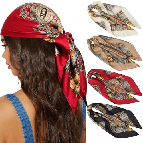 AWAYTR 27.5” Silk Satin Square Head Scarf - 4PCS Satin Head Scarves for Women Hair Kerchief Bandanas Sleeping Head Wraps - color: Cashew(red/Black/Camel/White)