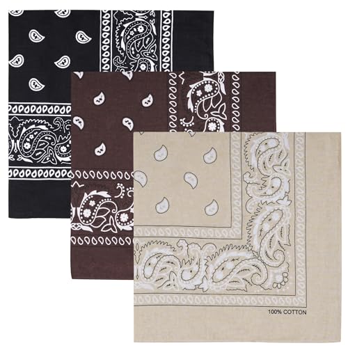Raylarnia 100% Cotton Large Bandanas for Men and Women, 22 Inch Paisley Bandana with Multiple Colors - color: Black / Khaki / Brown