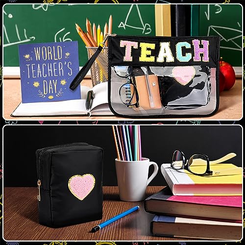Hillban 2 Pcs Teacher Appreciation Gifts Teach Chenille Letter Clear Makeup Bag Pouch, Monogram PVC Clear Zipper Pouch with Wristlet Travel Cosmetic Bag Graduation Retirement Teacher Gifts for Women - style: Teacher Theme