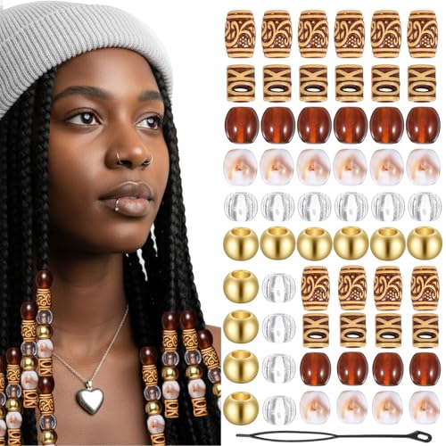 60 Pcs Wood Hair Beads for Braids, Exquisite Brown Beads for Hair, Beautiful Round Hairs Jewelry Accessories for Women Girl Men Cuffs DIY Bracelets Necklace Braids