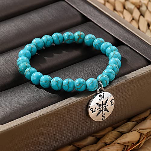 Turquoise Bracelet for Women, 8mm Beaded Stretchable Unisex Bracelet, Boho Turquoise Bead Bracelet Stone Beaded Bracelets Turquoise Jewelry for Women - color: Compass