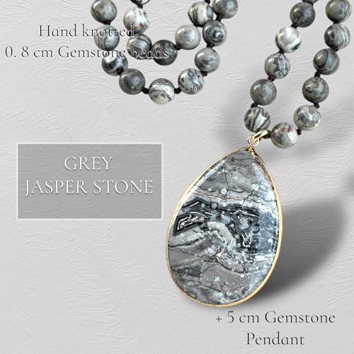 Long Genuine Stone beads and Pendant Necklace for Woman. Hand Knotted natural stone beads with big non-precious stone statement necklace. HANDMADE Boho Jewelry for women. - color: Grey