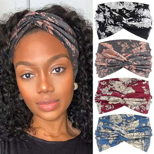 4 Pack Wide Headbands for Women Cute Boho Headband Floral Knotted Turban Head Bands Soft Hair Wraps African Head Scarf Fashion Turban Hairband Large Scarf Headband For Women’s Hair Accessories - color: Style 120