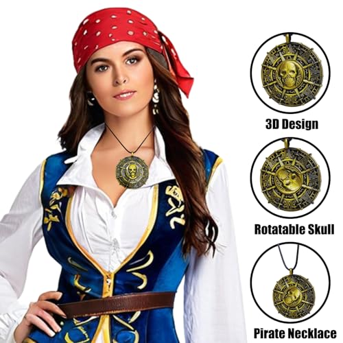 Pirate Coin Necklace, Double-Sided Antique Brass Pirate Accessories, Skull Necklace for Men Women and Kids, Halloween Costume Accessories for Pirate Party Cosplay, Halloween Dress Up Party Favors