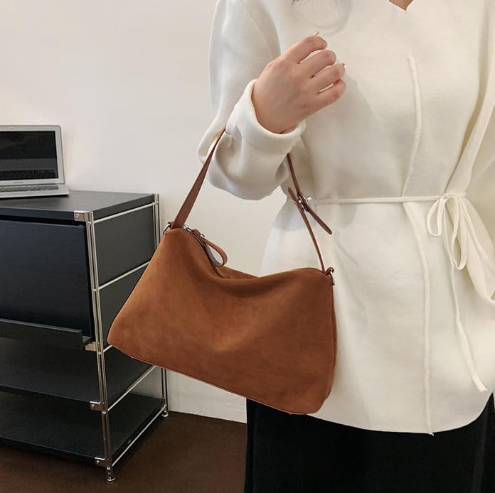Suede Shoulder Bags For Women Crossbody Bag Suede Tote Bag Satchels Slouchy Work Purses Crescent Handbag Fall Top Handle - color: Brown